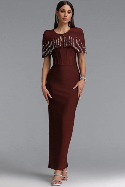 Embellished Sheer Mesh Gown - Chocolate Brown