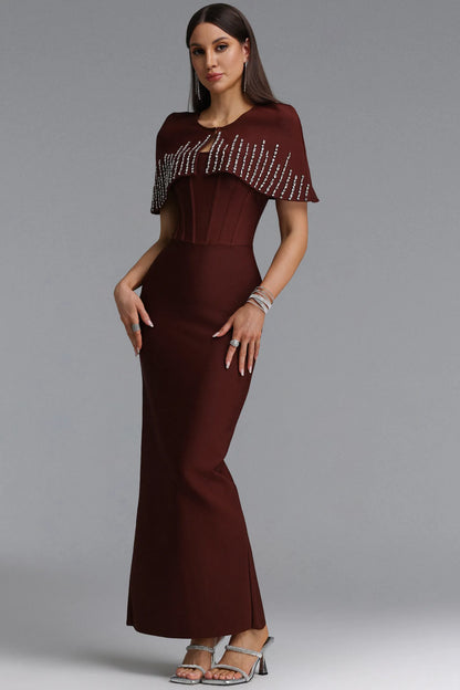 Embellished Sheer Mesh Gown - Chocolate Brown
