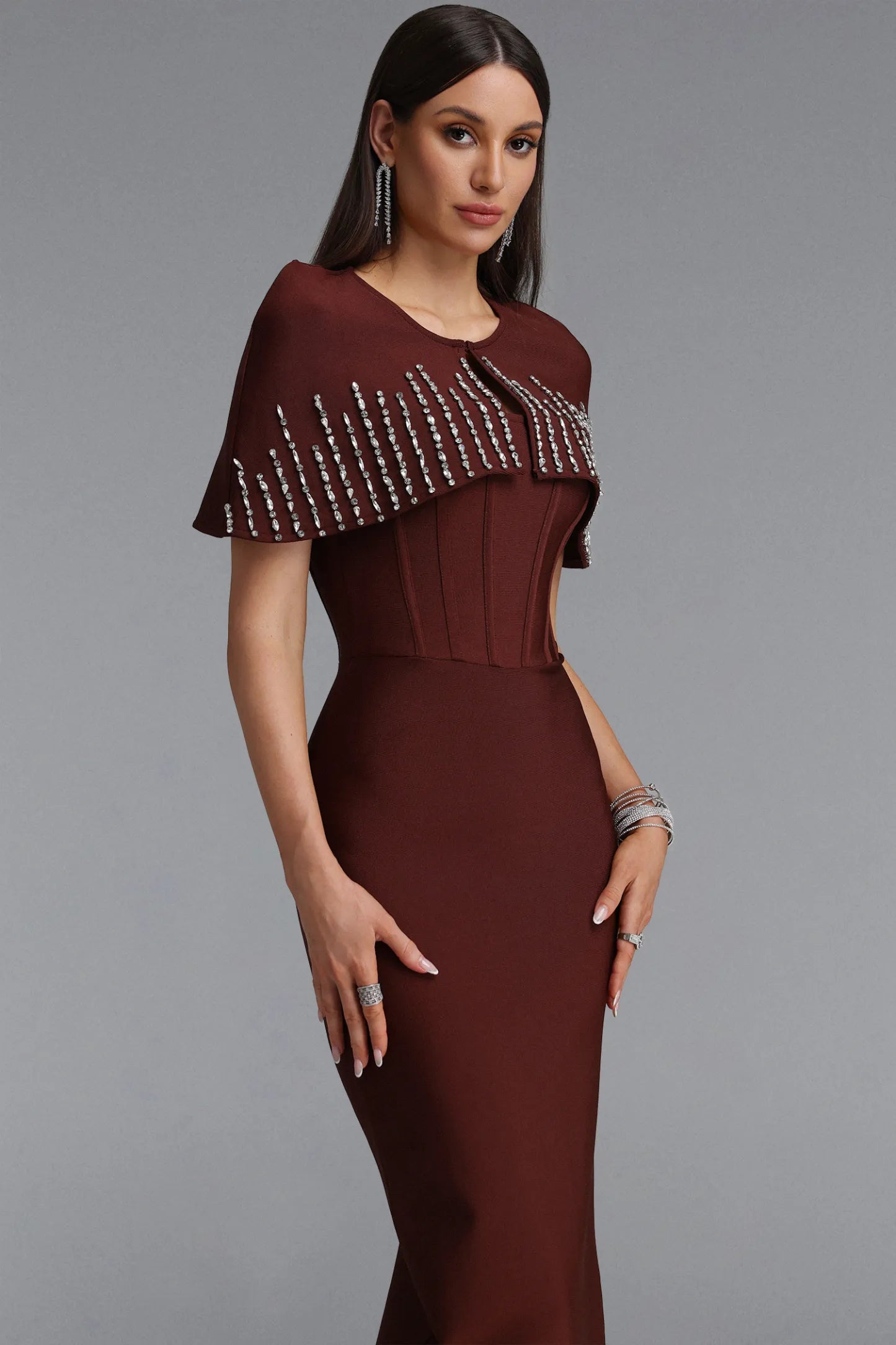 Embellished Sheer Mesh Gown - Chocolate Brown