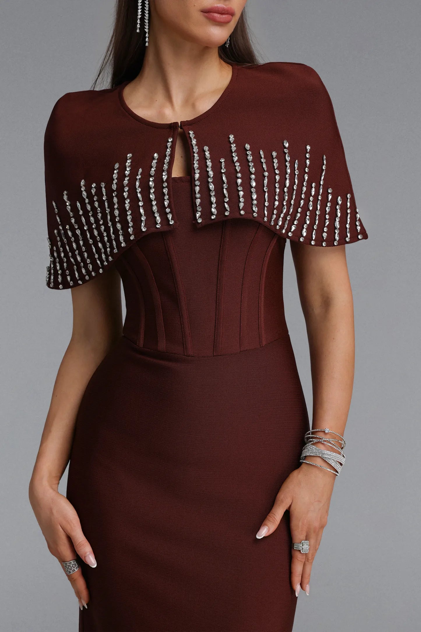 Embellished Sheer Mesh Gown - Chocolate Brown