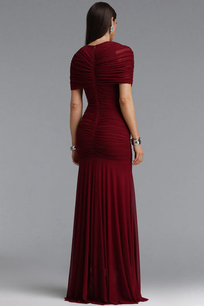 Asymmetrical Draped Ruched Maxi Gown - Deep Burgundy