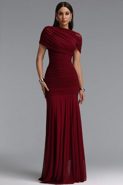 Asymmetrical Draped Ruched Maxi Gown - Deep Burgundy