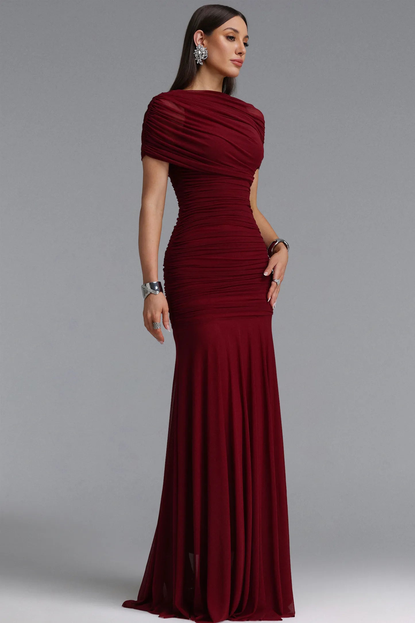 Asymmetrical Draped Ruched Maxi Gown - Deep Burgundy