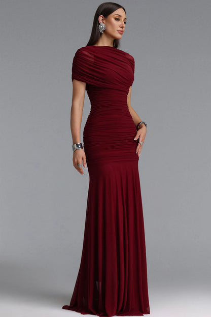 Asymmetrical Draped Ruched Maxi Gown - Deep Burgundy