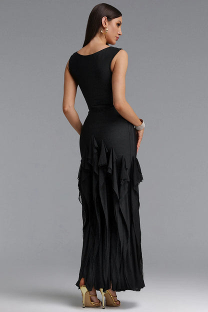 Bandage Bodice Cascading Ruffle Gown - Black