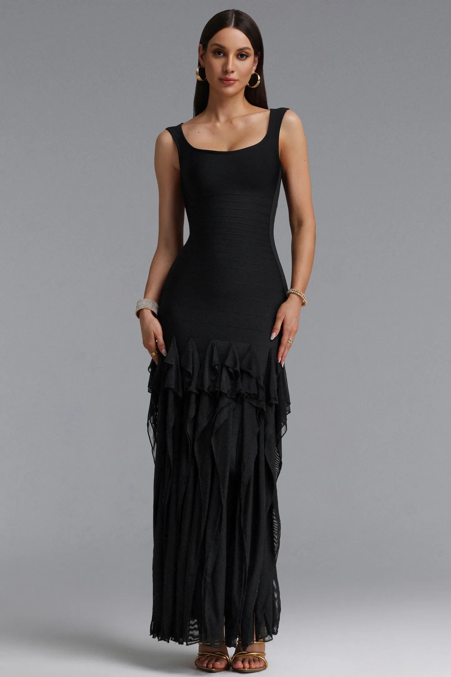Bandage Bodice Cascading Ruffle Gown - Black
