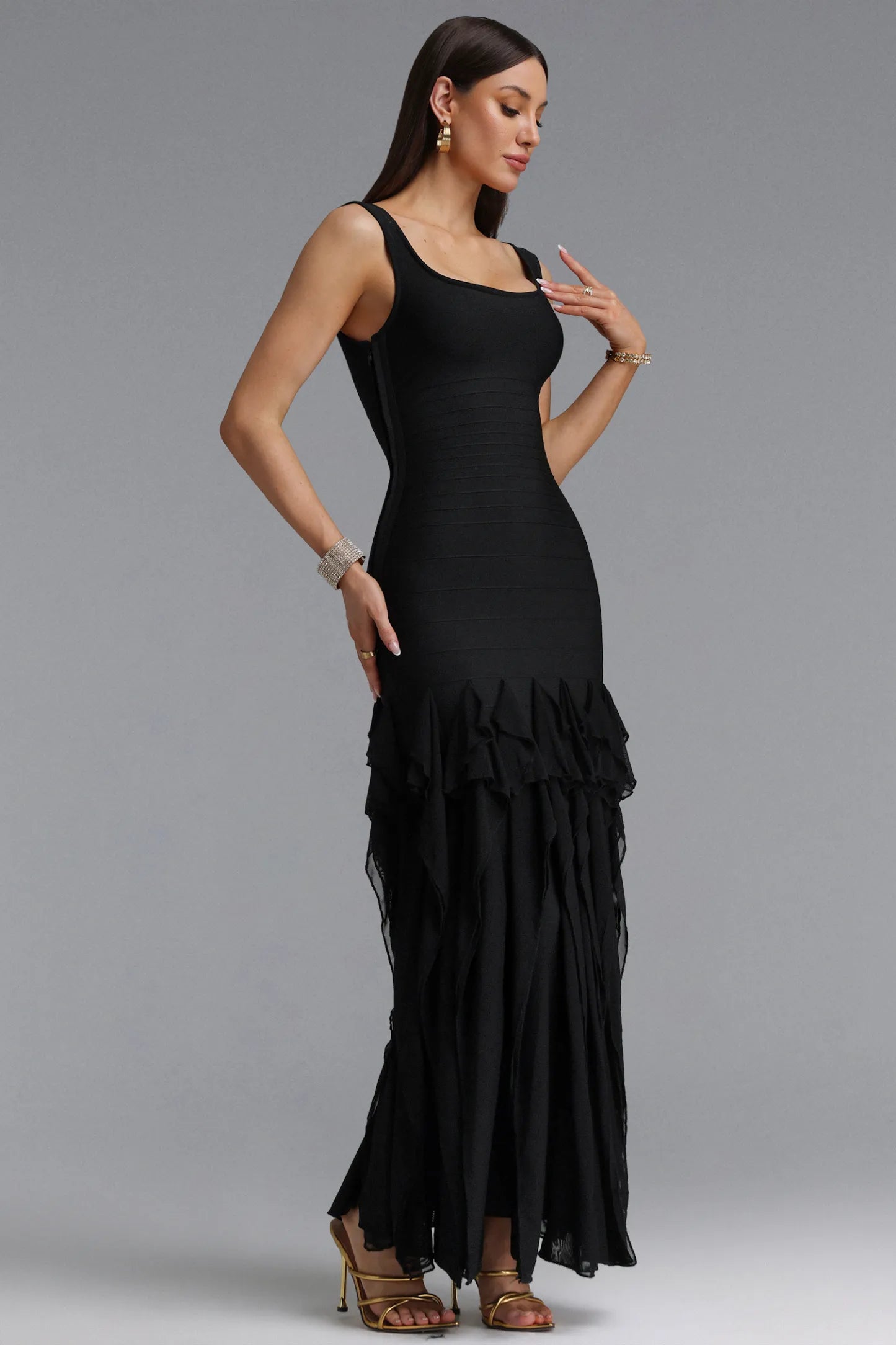 Bandage Bodice Cascading Ruffle Gown - Black