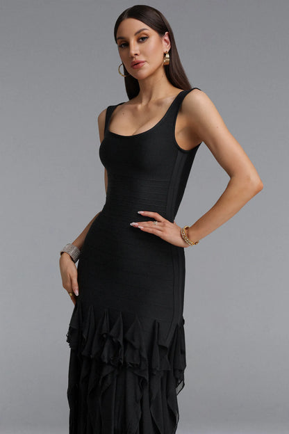 Bandage Bodice Cascading Ruffle Gown - Black