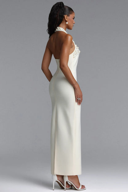 Pearl and Crystal Embellished Halter Gown - Ivory White