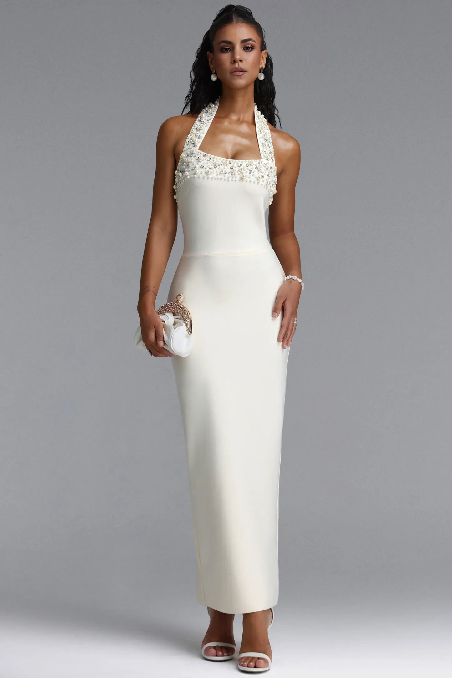 Pearl and Crystal Embellished Halter Gown - Ivory White