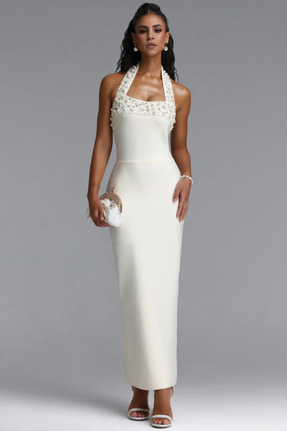 Pearl and Crystal Embellished Halter Gown - Ivory White