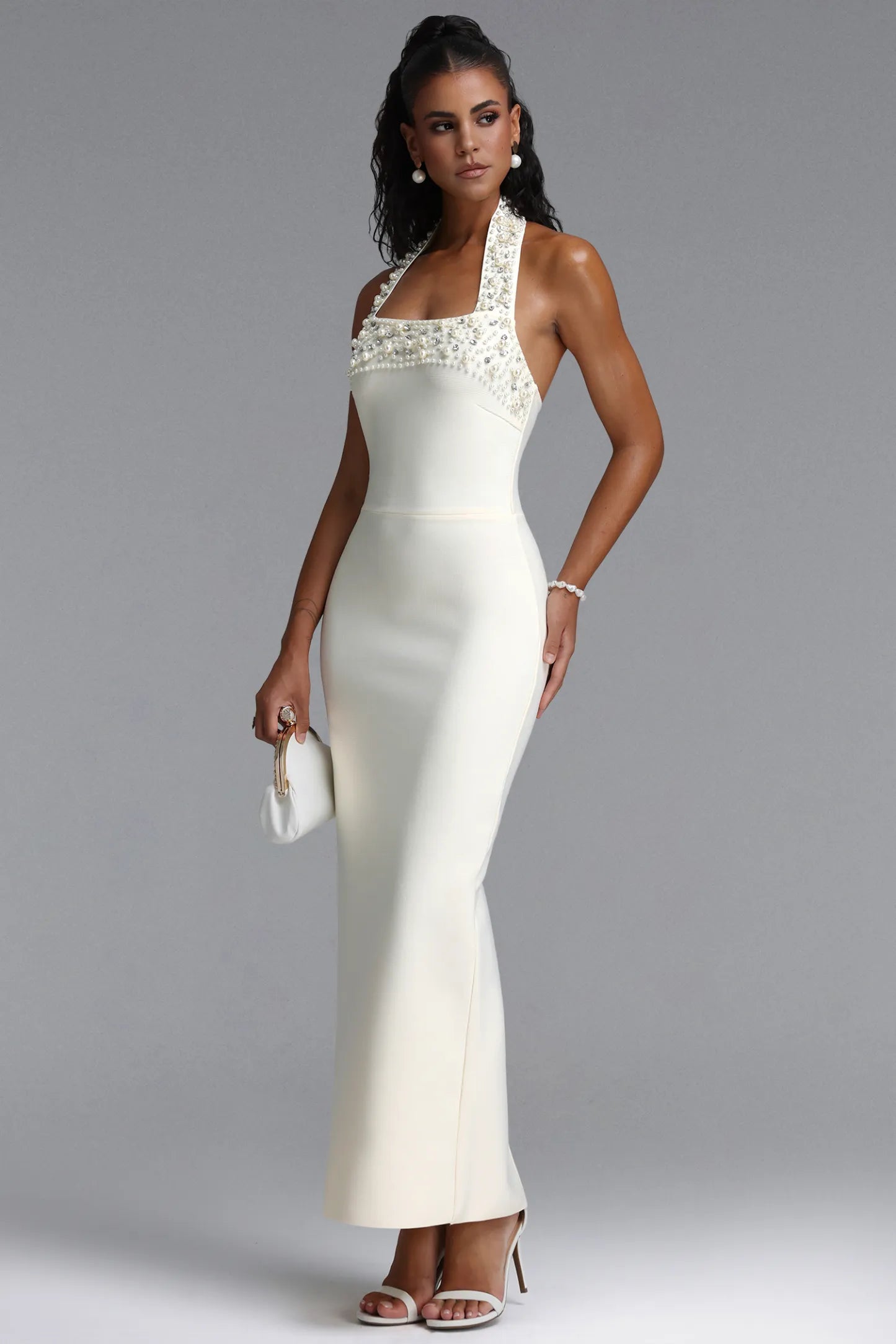 Pearl and Crystal Embellished Halter Gown - Ivory White