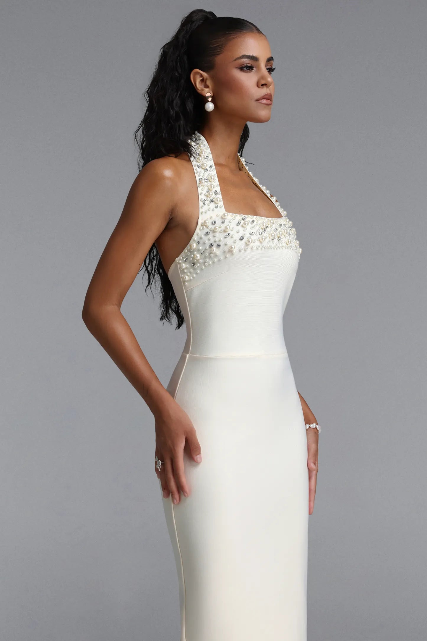 Pearl and Crystal Embellished Halter Gown - Ivory White