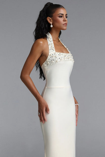 Pearl and Crystal Embellished Halter Gown - Ivory White