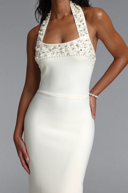 Pearl and Crystal Embellished Halter Gown - Ivory White