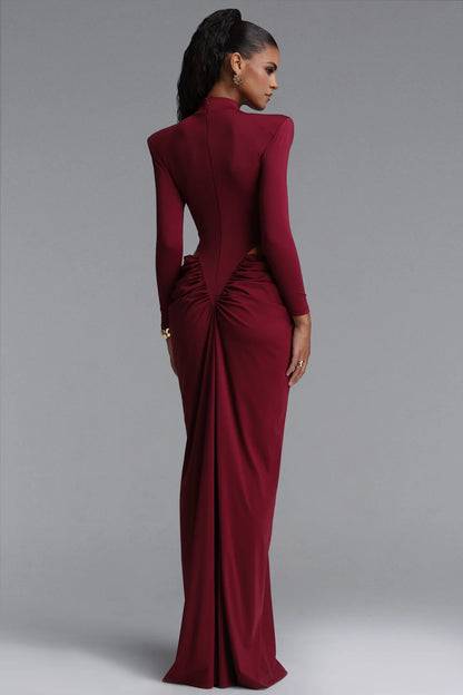 Structured Strong-Shoulder Cutout Gown - Deep Burgundy