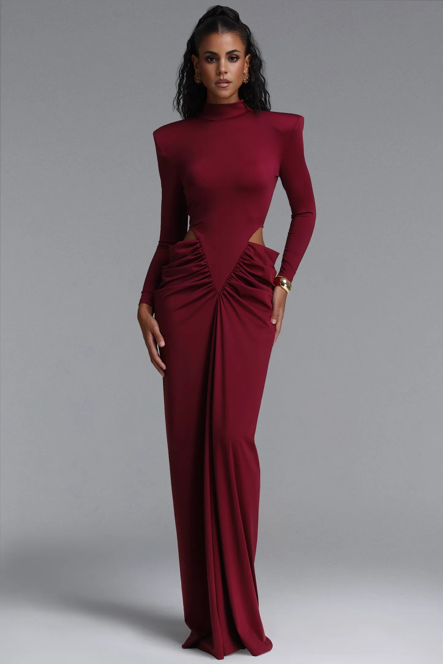 Structured Strong-Shoulder Cutout Gown - Deep Burgundy