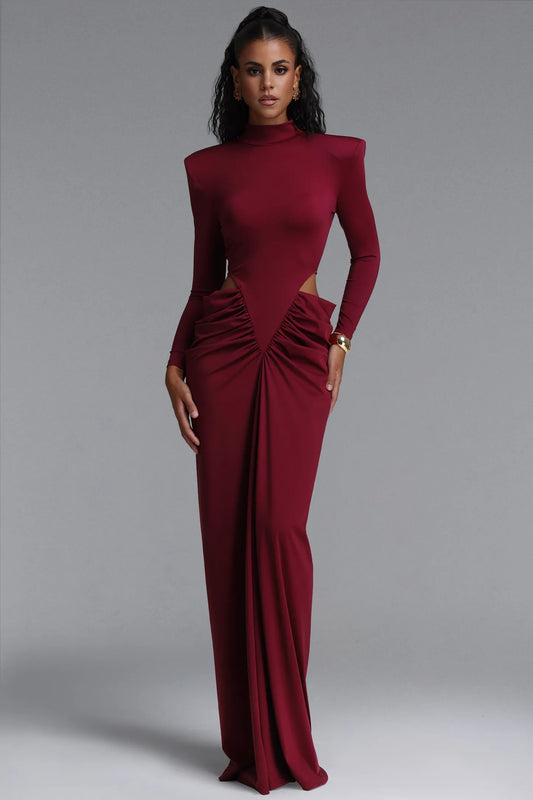 Structured Strong-Shoulder Cutout Gown - Deep Burgundy