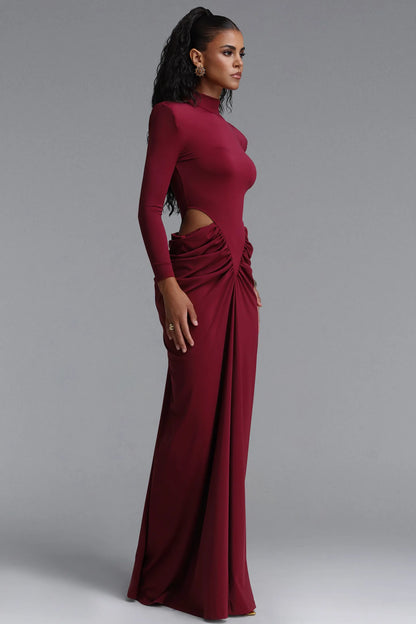 Structured Strong-Shoulder Cutout Gown - Deep Burgundy