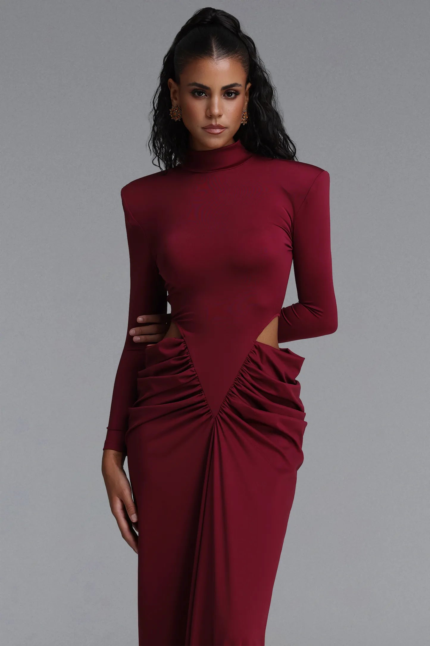 Structured Strong-Shoulder Cutout Gown - Deep Burgundy