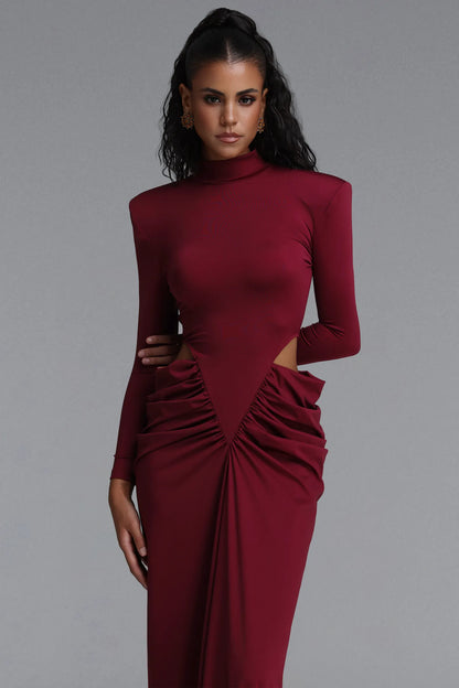 Structured Strong-Shoulder Cutout Gown - Deep Burgundy