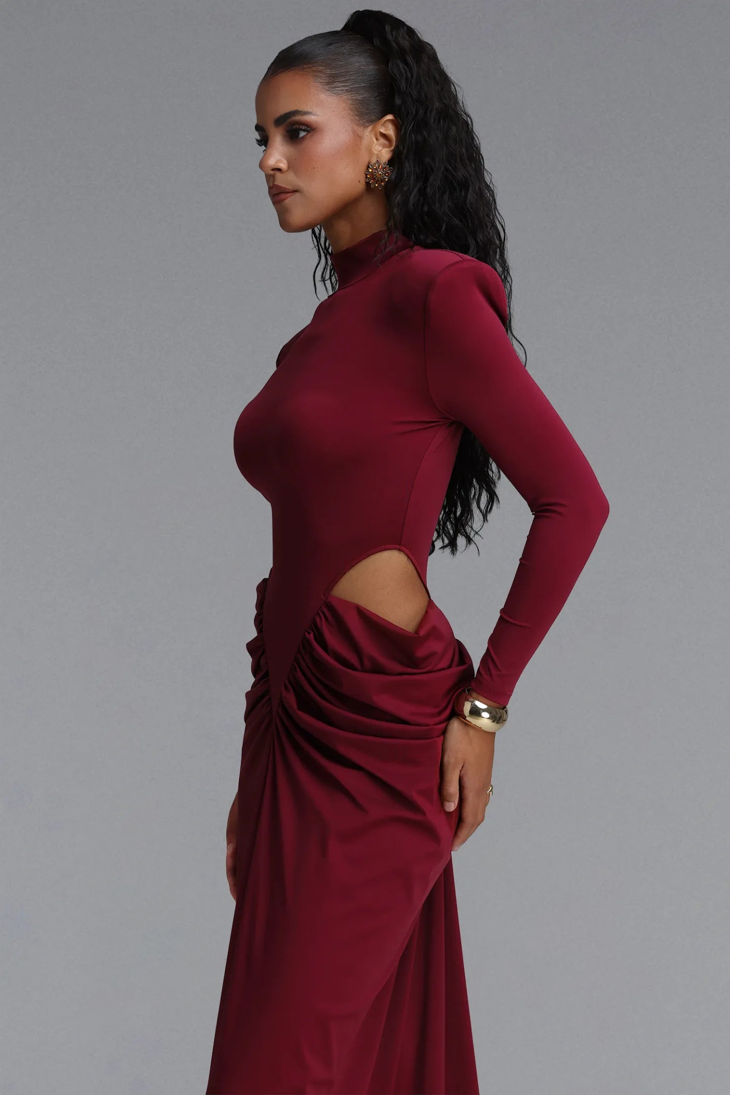 Structured Strong-Shoulder Cutout Gown - Deep Burgundy