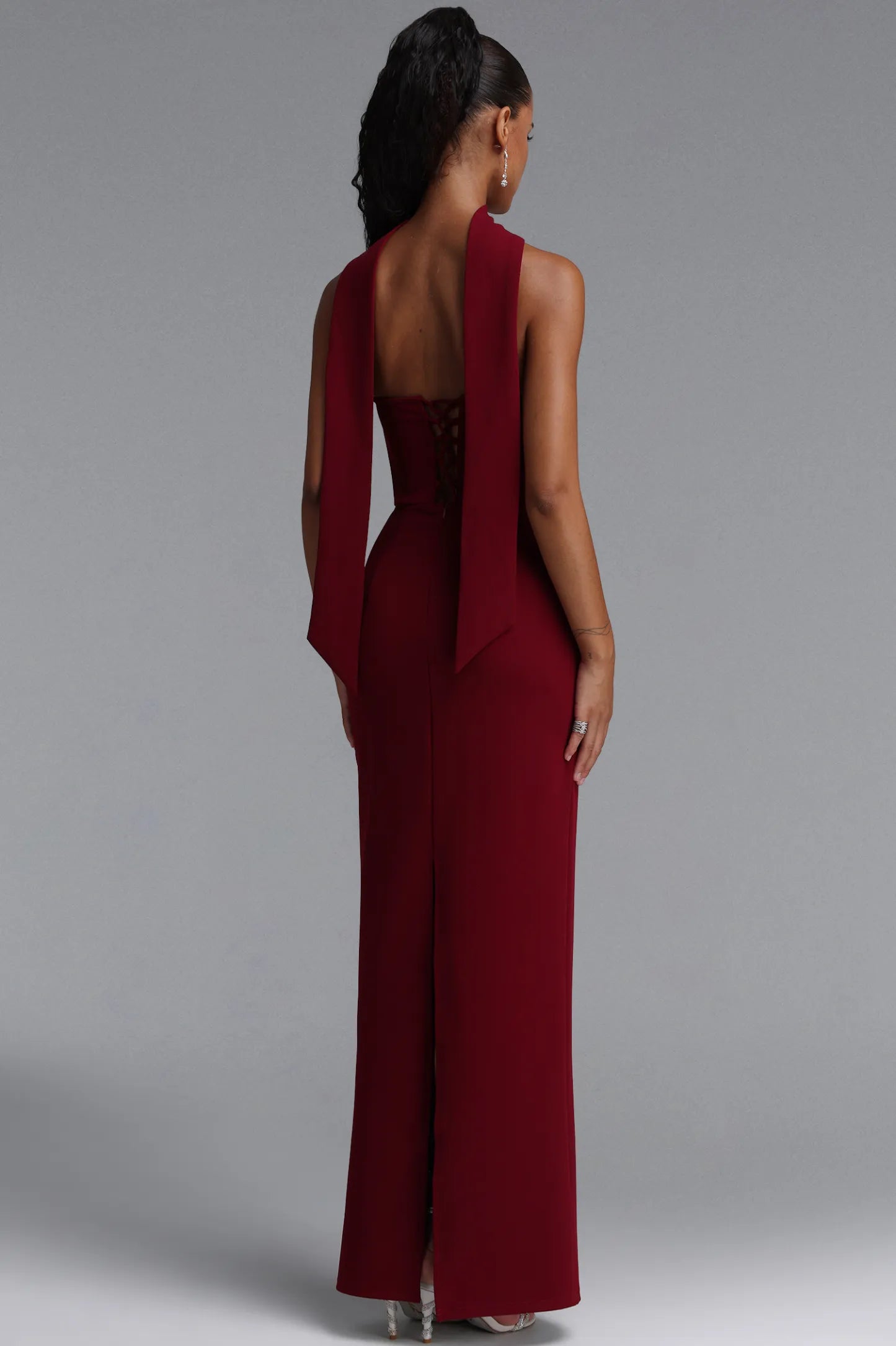 Crystal-Trimmed Corset Column Gown - Deep Burgundy