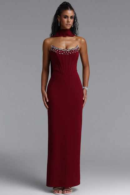 Crystal-Trimmed Corset Column Gown - Deep Burgundy