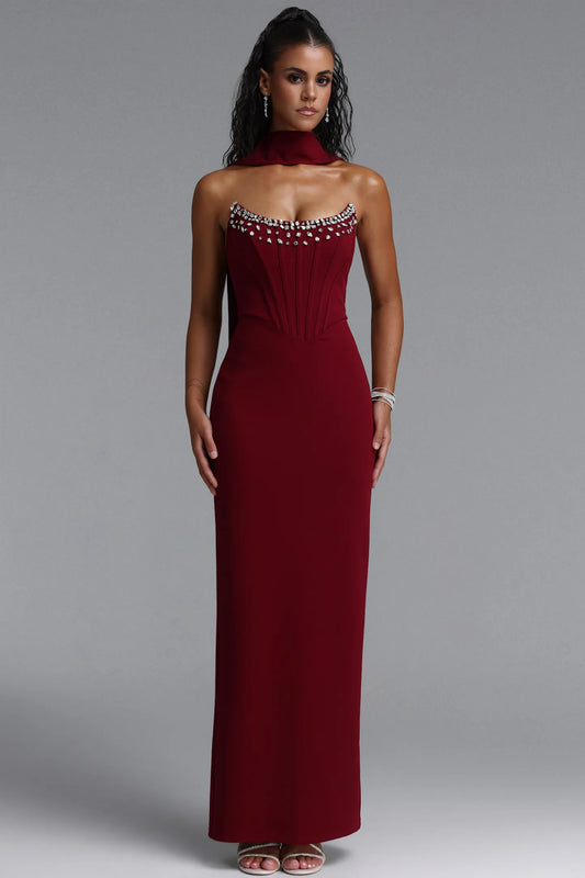 Crystal-Trimmed Corset Column Gown - Deep Burgundy