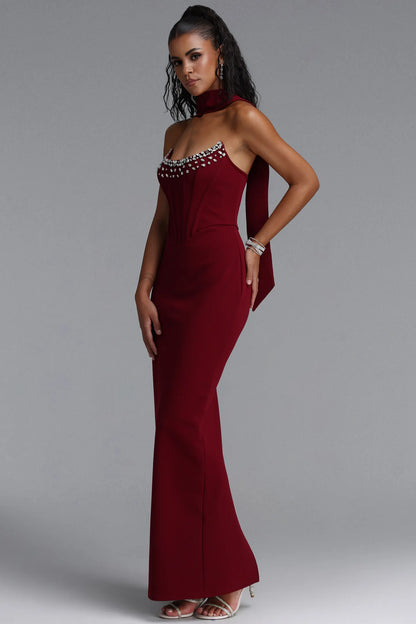 Crystal-Trimmed Corset Column Gown - Deep Burgundy