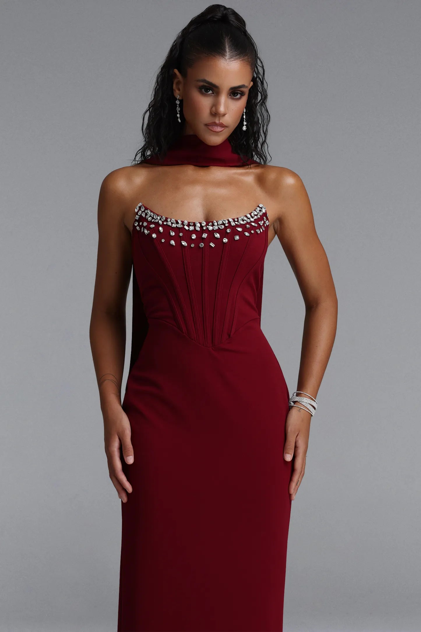 Crystal-Trimmed Corset Column Gown - Deep Burgundy