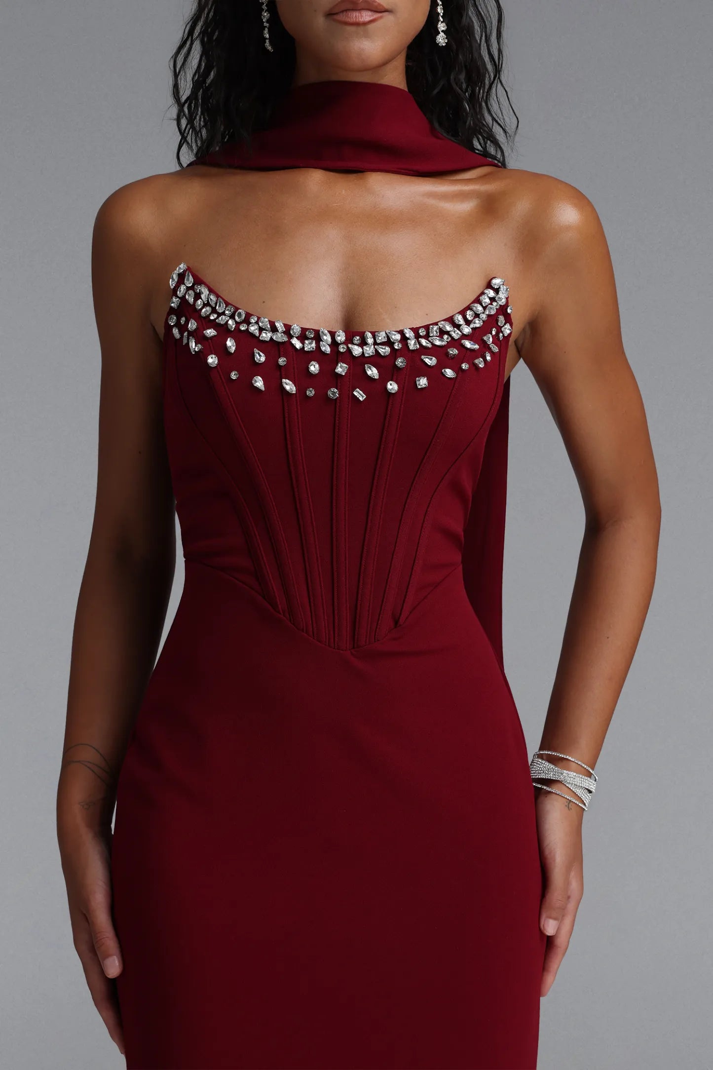 Crystal-Trimmed Corset Column Gown - Deep Burgundy