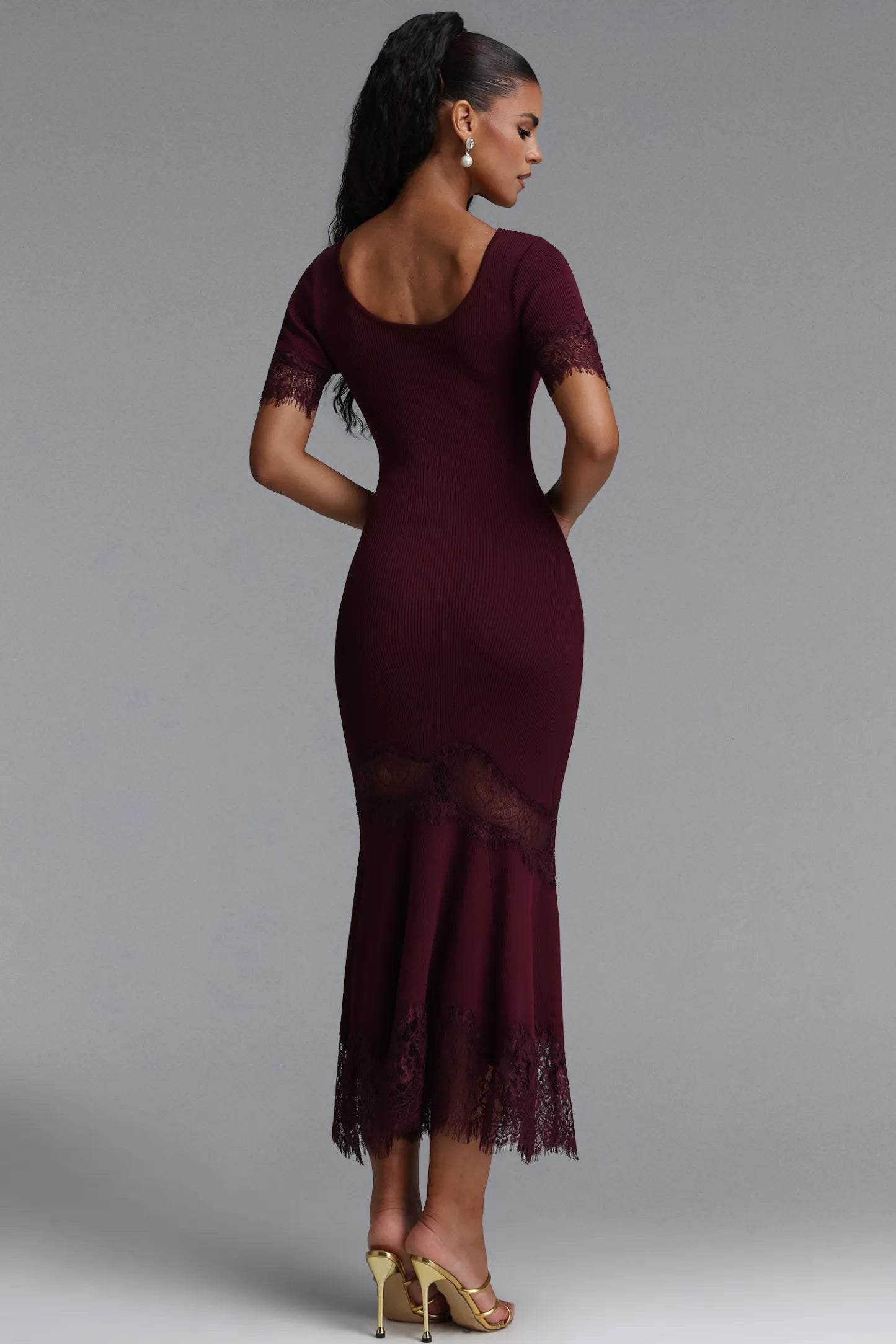 Ribbed Knit Lace-Trim Trumpet Midi Dress - Deep Burgundy