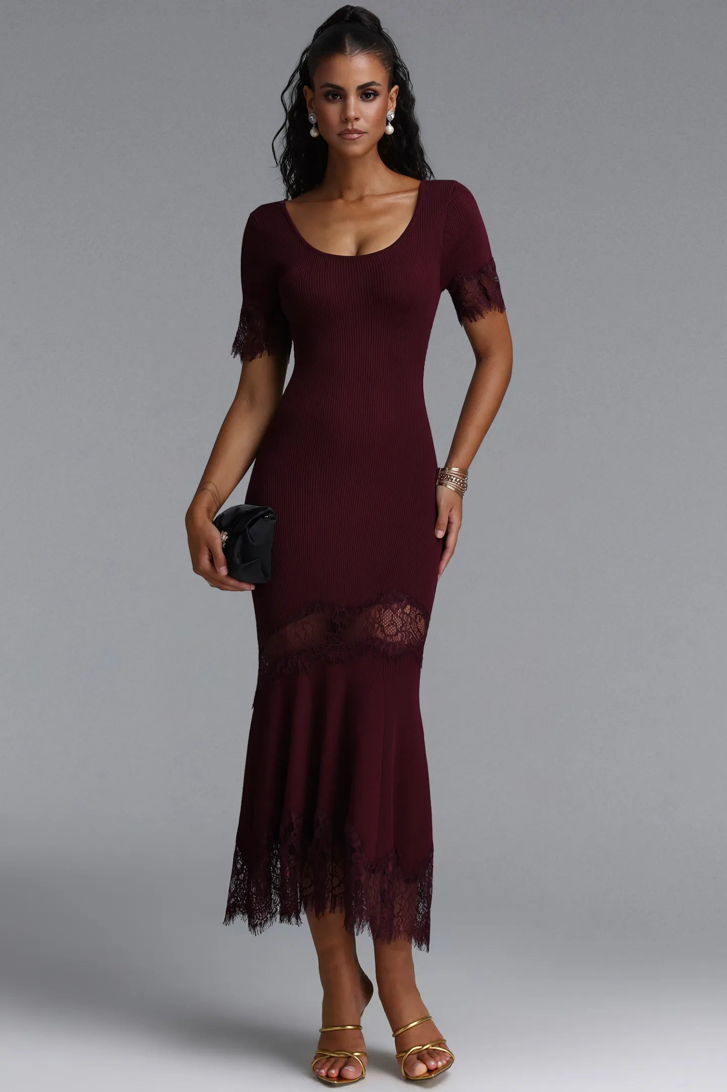 Ribbed Knit Lace-Trim Trumpet Midi Dress - Deep Burgundy