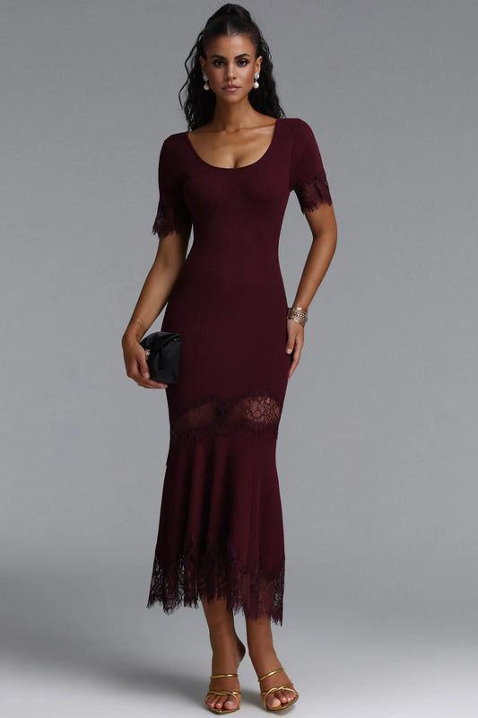 Ribbed Knit Lace-Trim Trumpet Midi Dress - Deep Burgundy