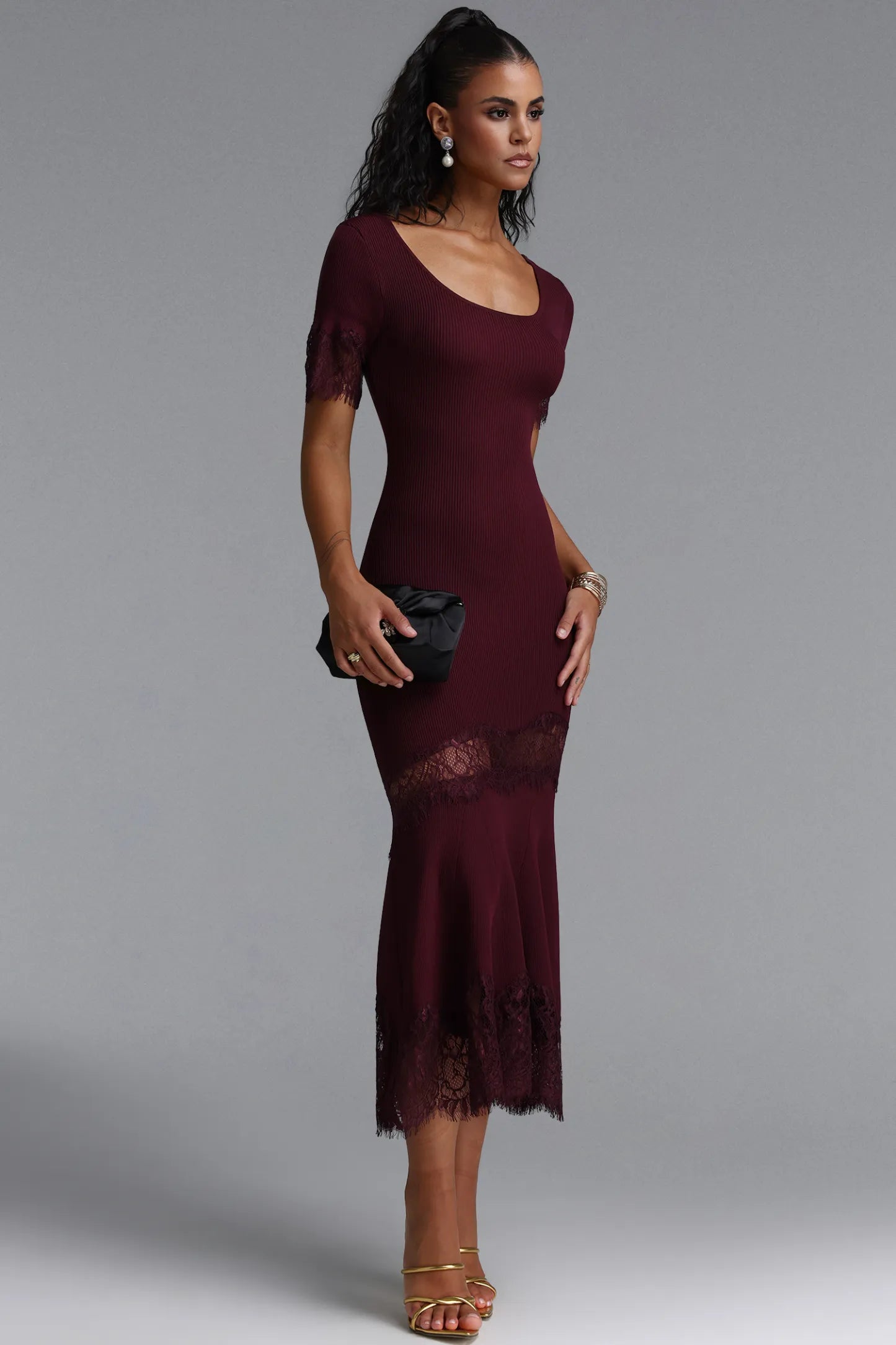 Ribbed Knit Lace-Trim Trumpet Midi Dress - Deep Burgundy