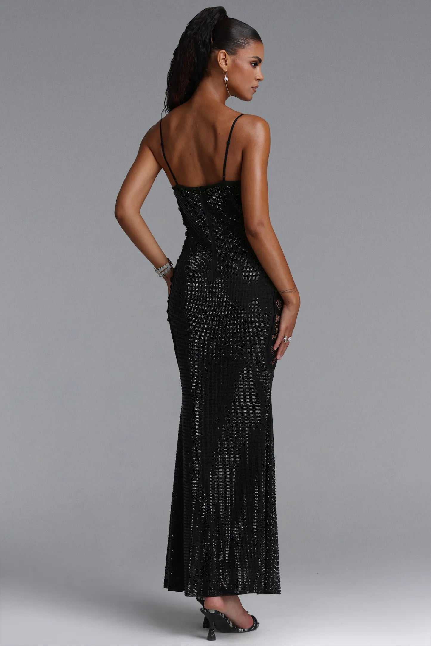 Shimmering Lace-Paneled Mermaid Gown - Black
