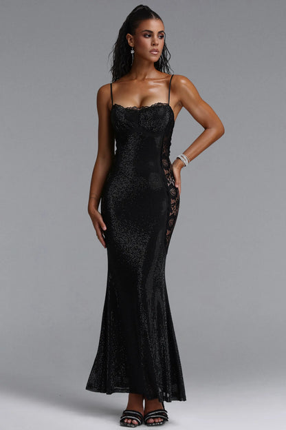 Shimmering Lace-Paneled Mermaid Gown - Black