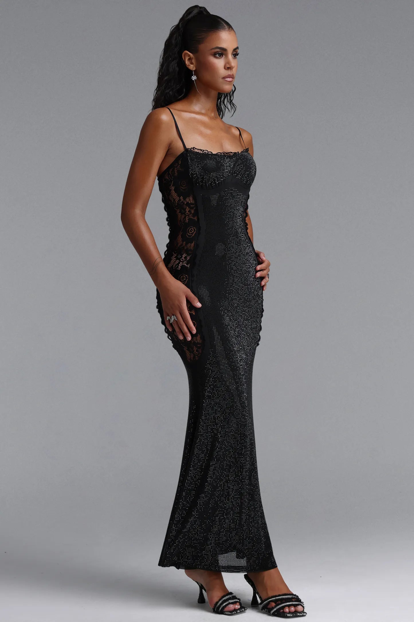 Shimmering Lace-Paneled Mermaid Gown - Black