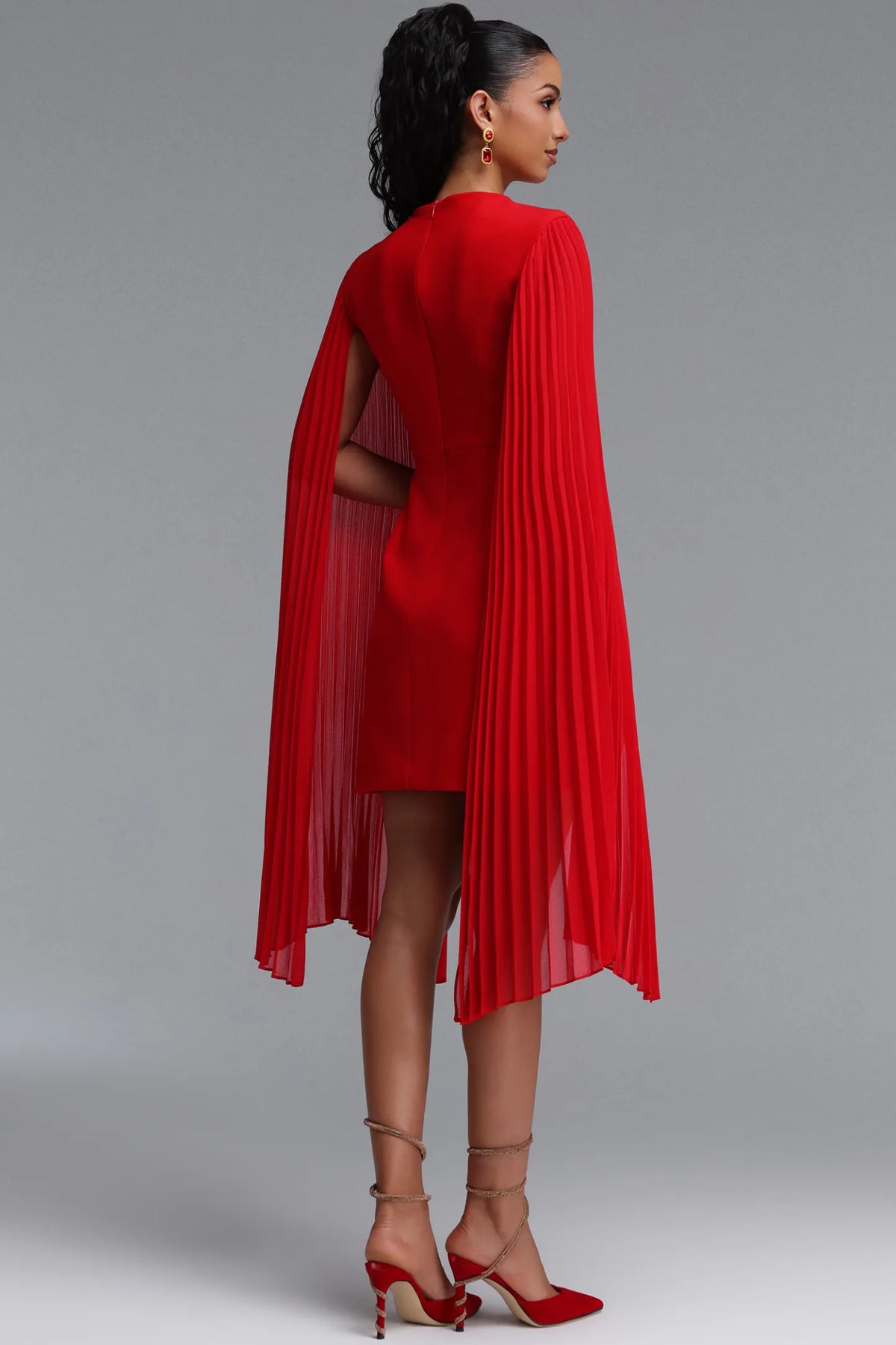 Pleated Cape-Sleeve Tailored Mini Dress - Crimson Red