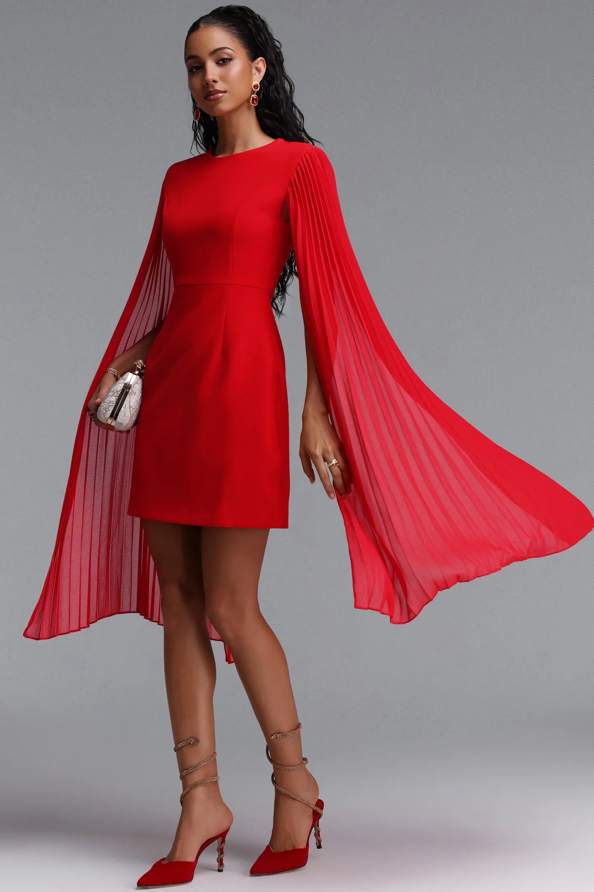 Pleated Cape-Sleeve Tailored Mini Dress - Crimson Red