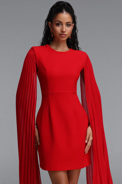 Pleated Cape-Sleeve Tailored Mini Dress - Crimson Red