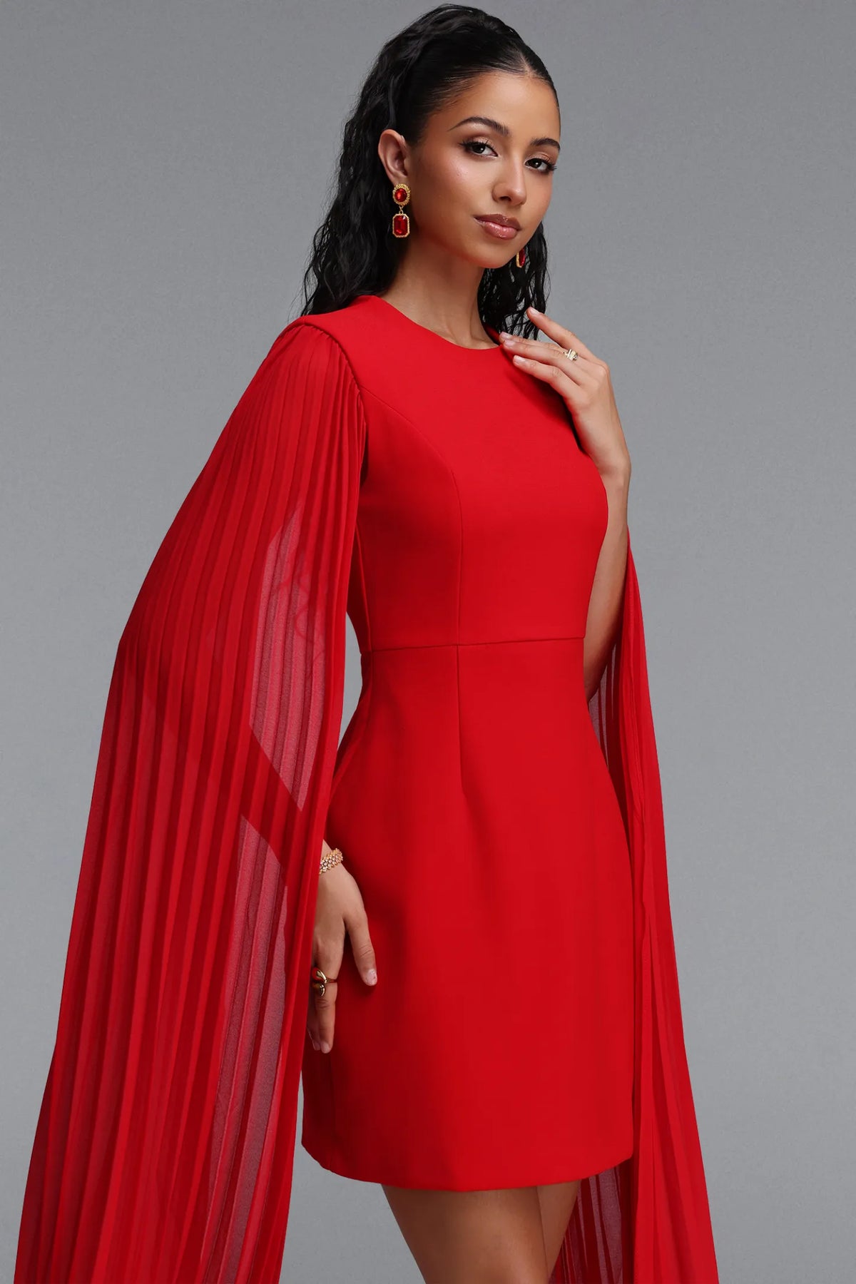Pleated Cape-Sleeve Tailored Mini Dress - Crimson Red