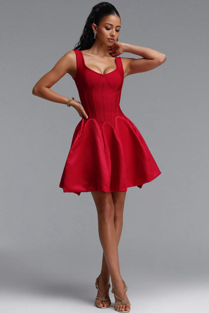 Structured Corset Fit-and-Flare Mini Dress - Crimson Red