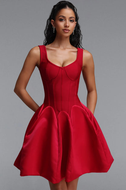 Structured Corset Fit-and-Flare Mini Dress - Crimson Red