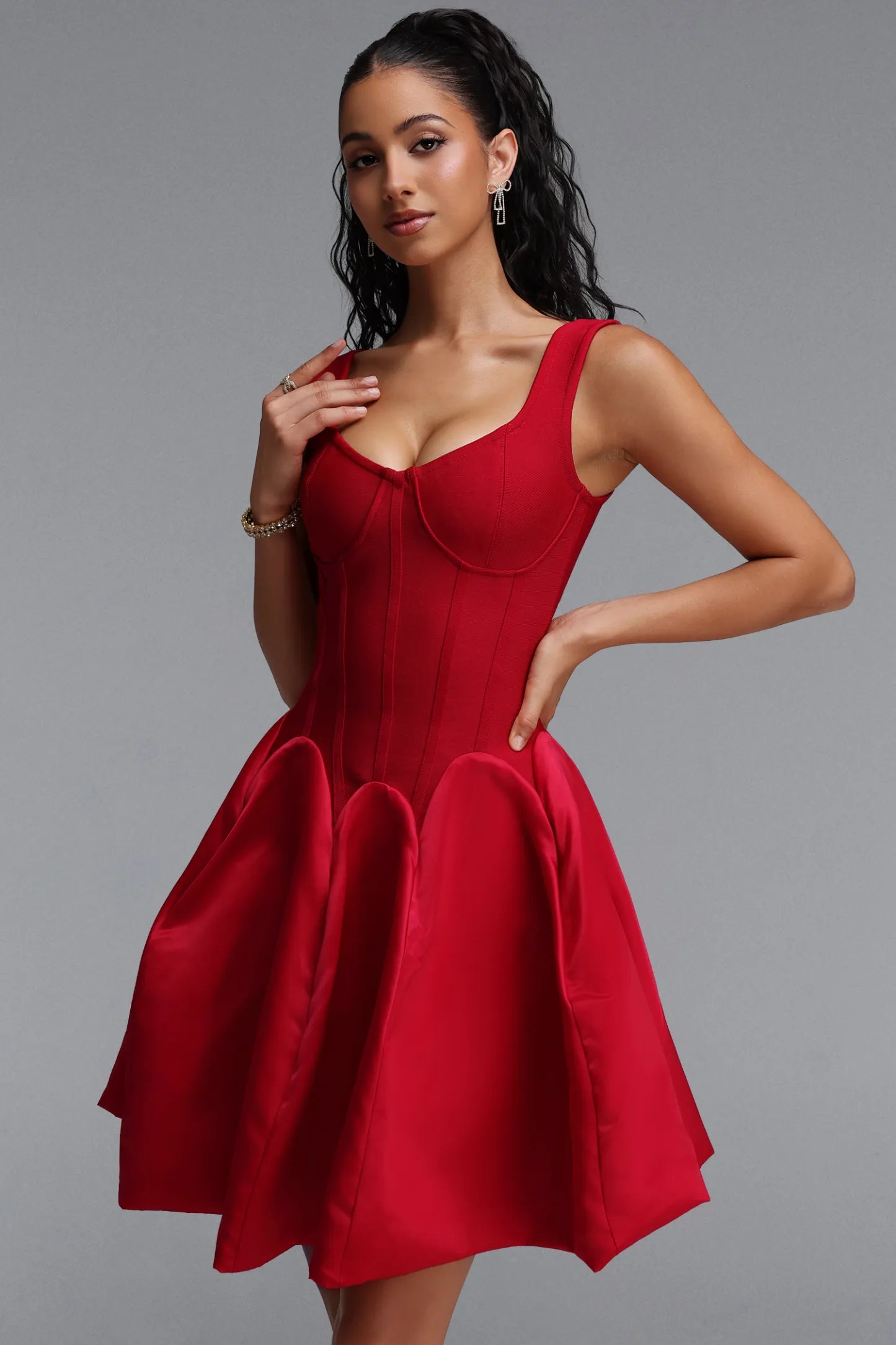 Structured Corset Fit-and-Flare Mini Dress - Crimson Red