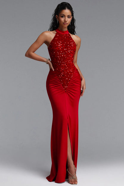 Sequin-Embellished Ruched Halter Gown - Crimson Red