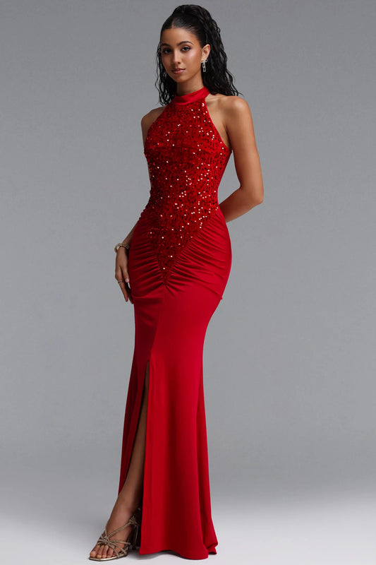 Sequin-Embellished Ruched Halter Gown - Crimson Red