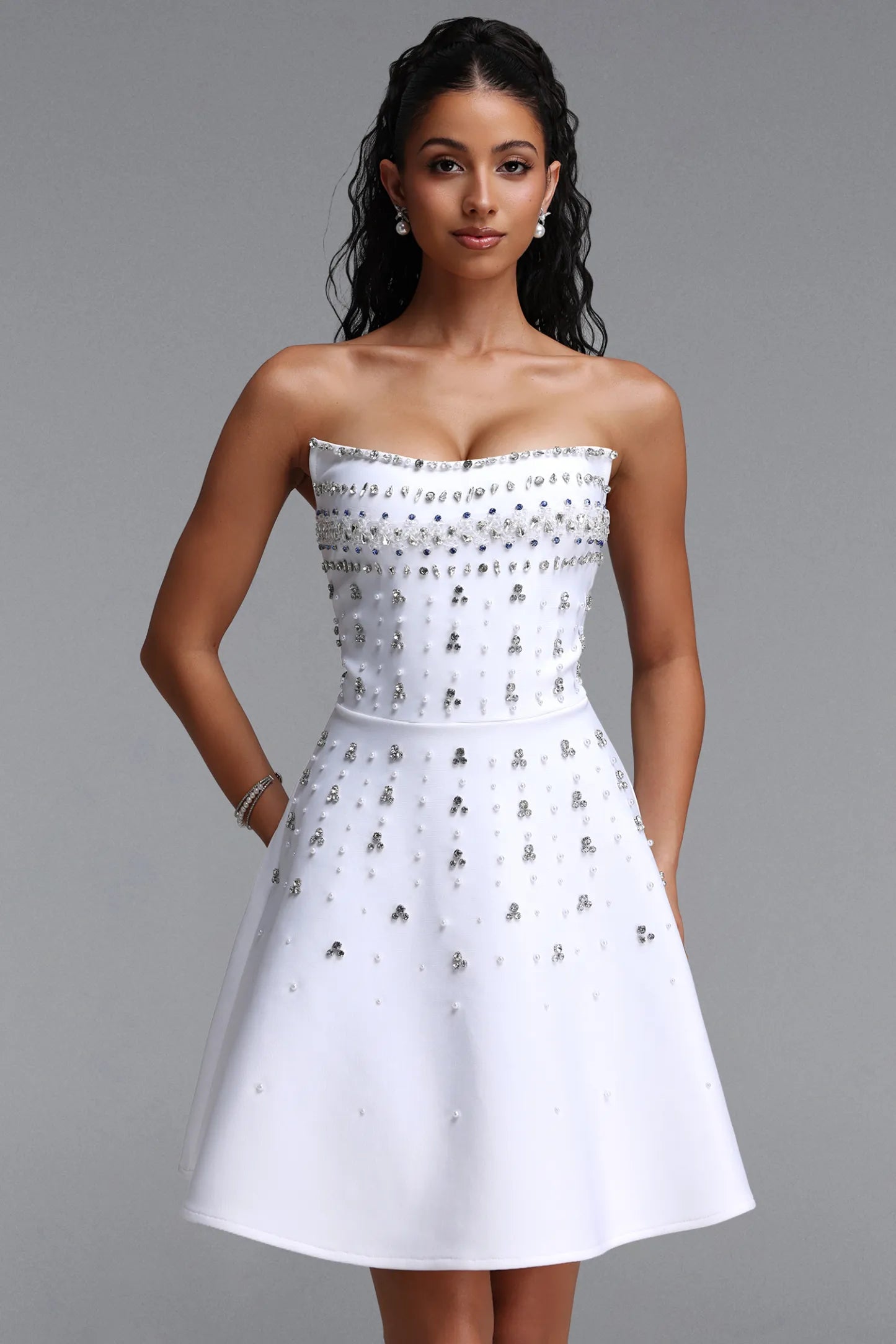 Pearl and Crystal Embellished Strapless Mini Dress - Pristine White