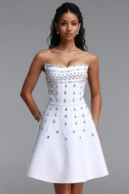 Pearl and Crystal Embellished Strapless Mini Dress - Pristine White